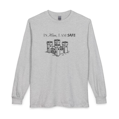 Long Sleeve Tee "In Him, I Am Safe" — Christian Castle Design (1 Samuel 22:2-3)