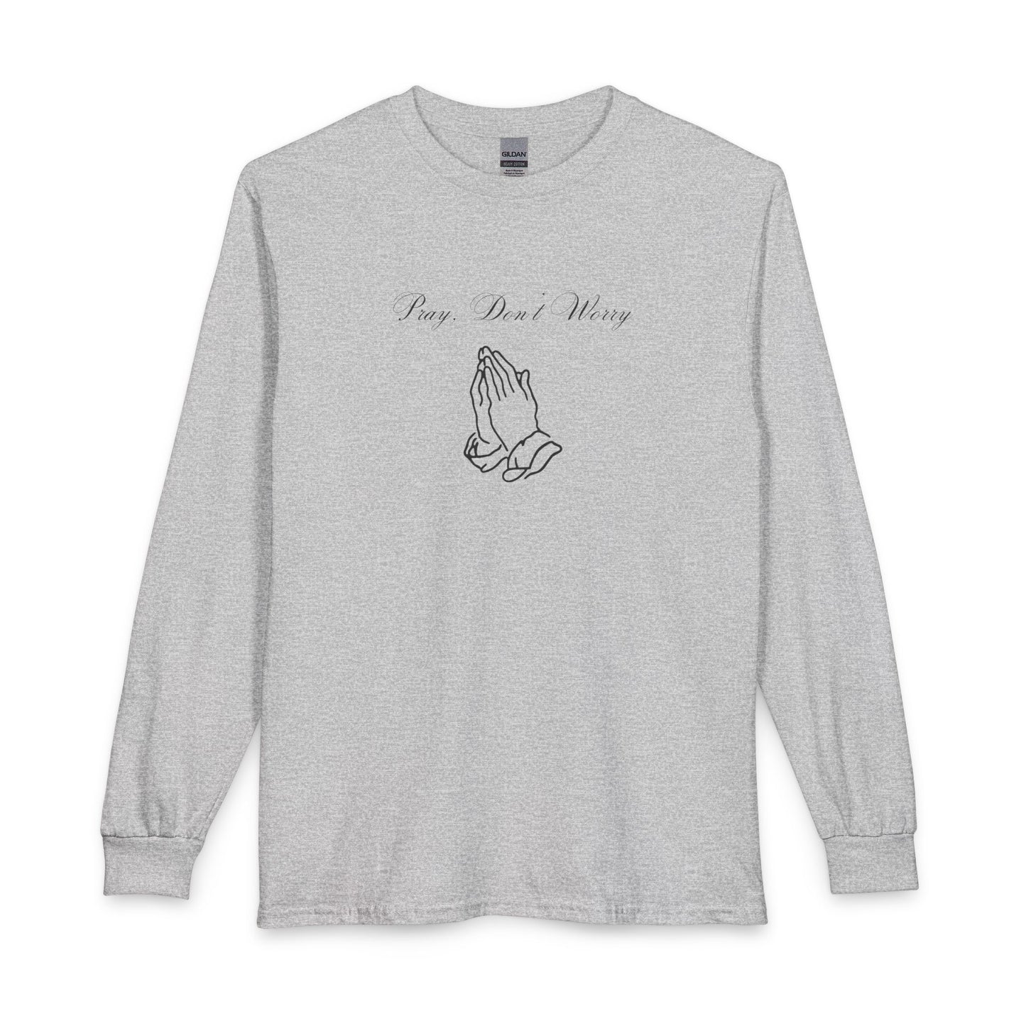 Pray Dont Worry Long Sleeve Tee — Praying Hands Faith Shirt with Scripture Back