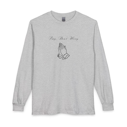 Pray Dont Worry Long Sleeve Tee — Praying Hands Faith Shirt with Scripture Back