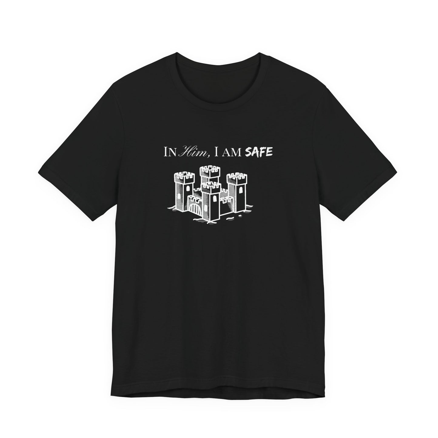 Castle Illustration Tee — "In Him, I Am Safe" Christian Scripture T‑Shirt