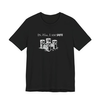 Castle Illustration Tee — "In Him, I Am Safe" Christian Scripture T‑Shirt