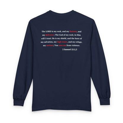 Long Sleeve Tee "In Him, I Am Safe" — Christian Castle Design (1 Samuel 22:2-3)