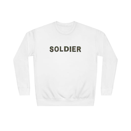 Soldier Crewneck Sweatshirt — Minimal Military Tribute Pullover with 'SOLDIER' Text