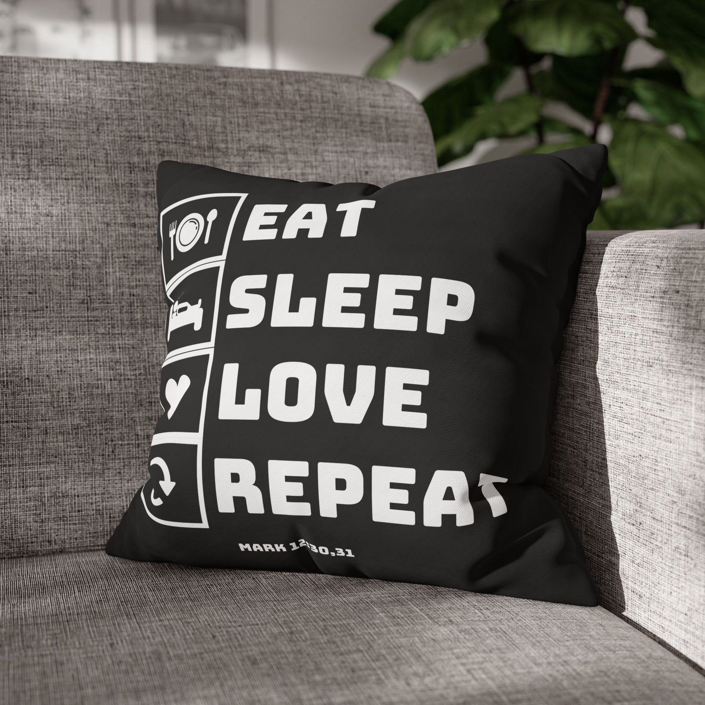 Eat Sleep Love Repeat Pillowcase — Black Square Throw Pillow Cover