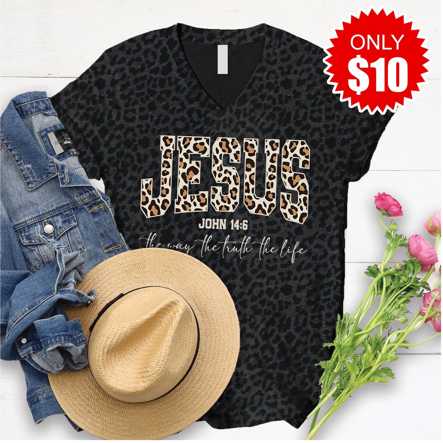 Jesus V-Neck - Black Leopard - 10