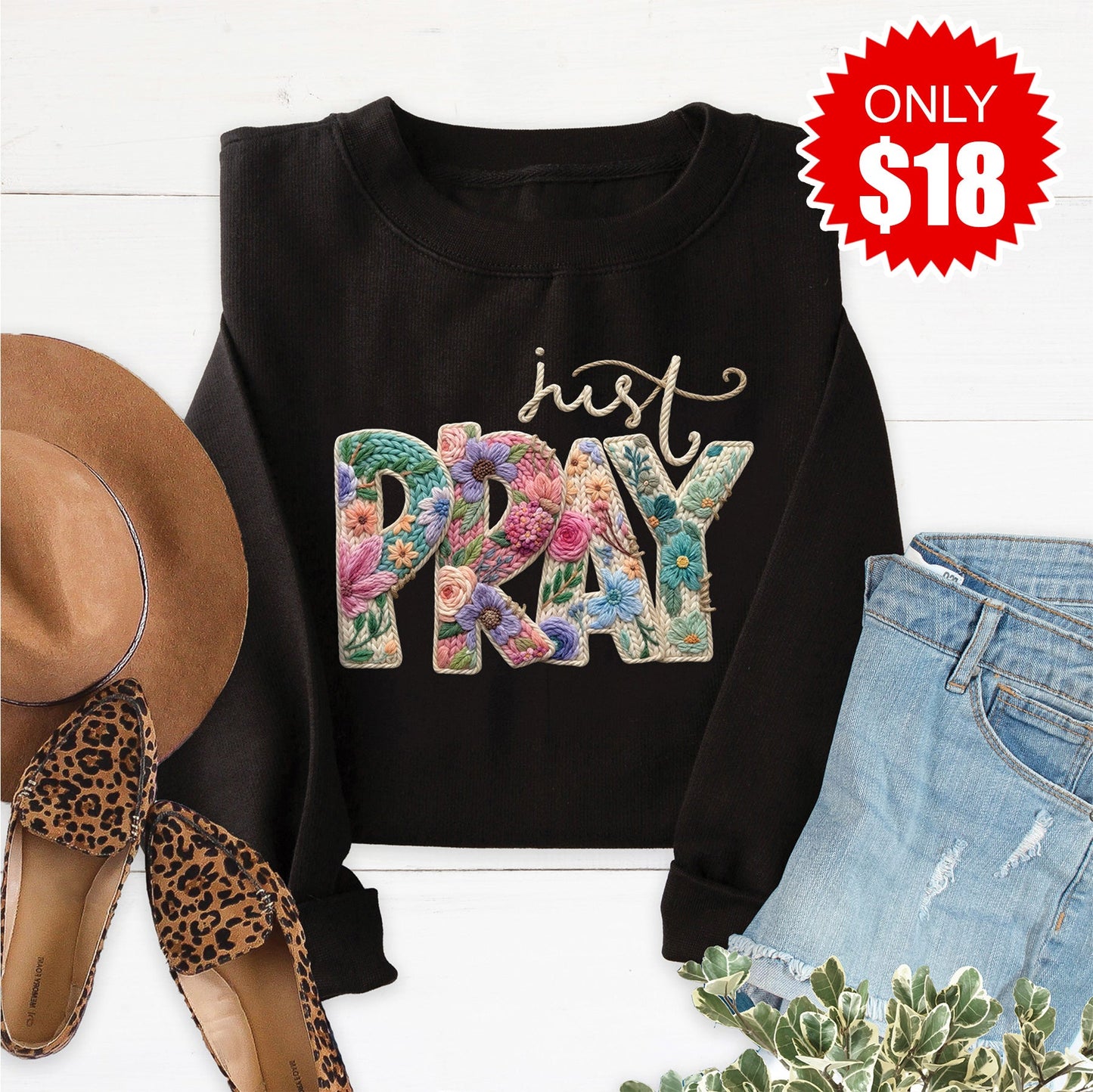 Just Pray Crochet Sweatshirt - Black - 18