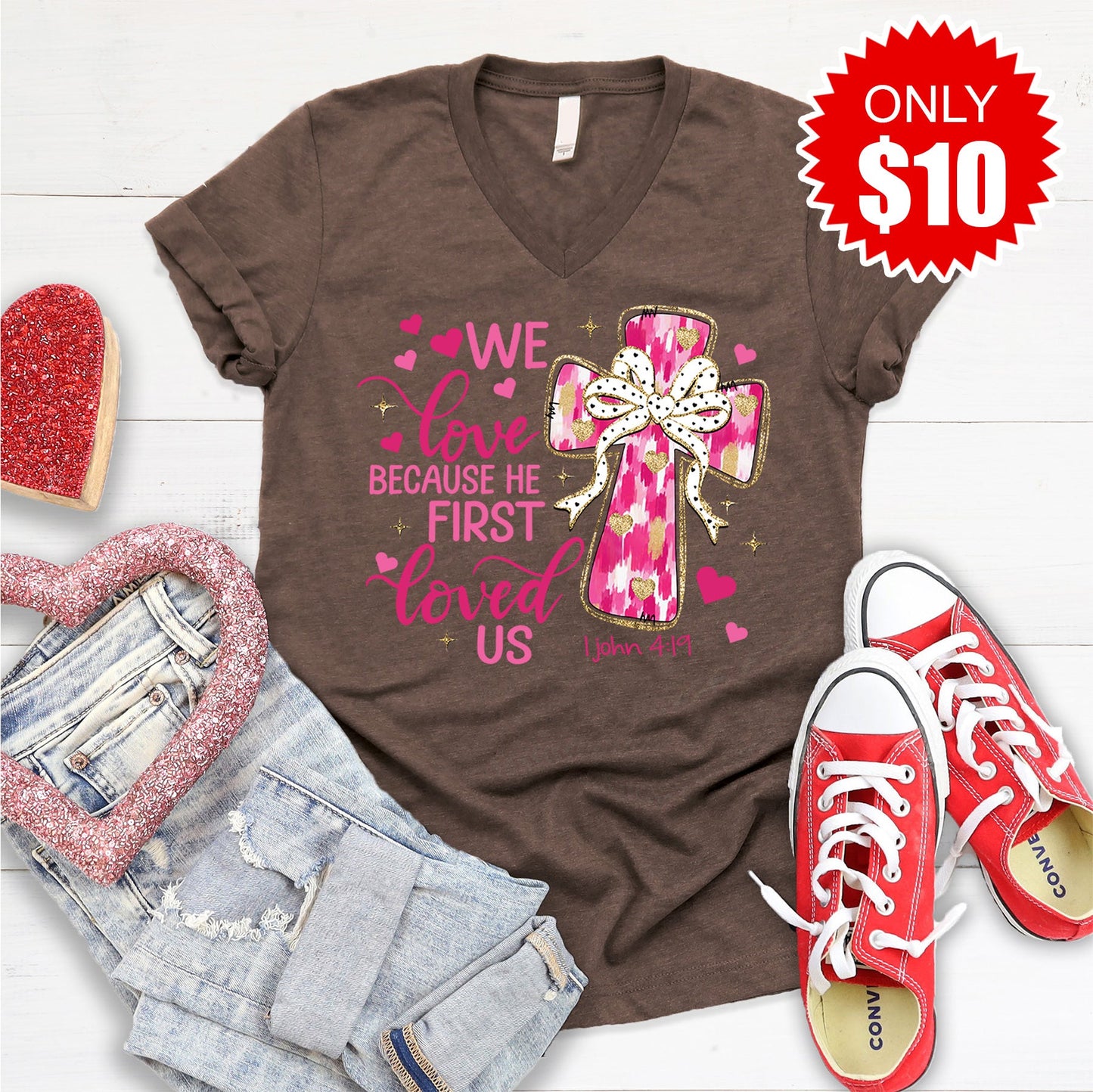 He First Loved Us V-Neck - Heather Brown - 10