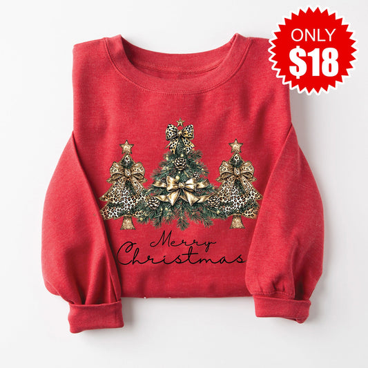 Christmas Tree Leopard Sweatshirt - Heather Scarlet - 18