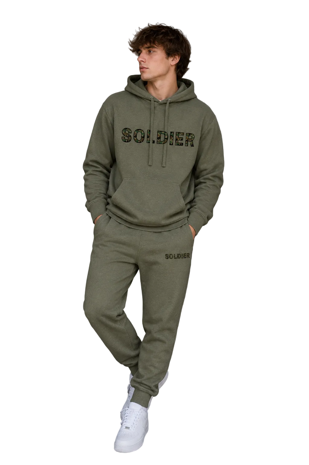 Person wearing a green 'SOLDIER' hoodie and pants against a gray wall.