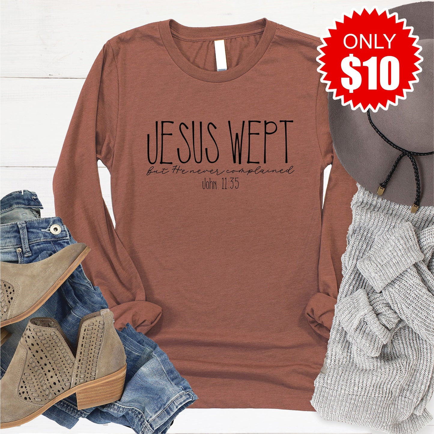 Jesus Wept Long Sleeve - Heather Chestnut - 10