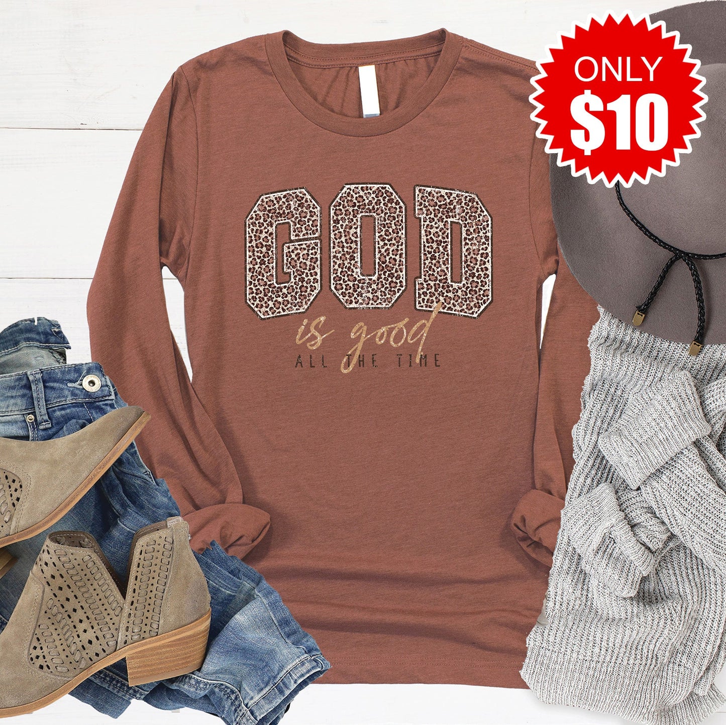 God Is Good Long Sleeve - Heather Chestnut - 10