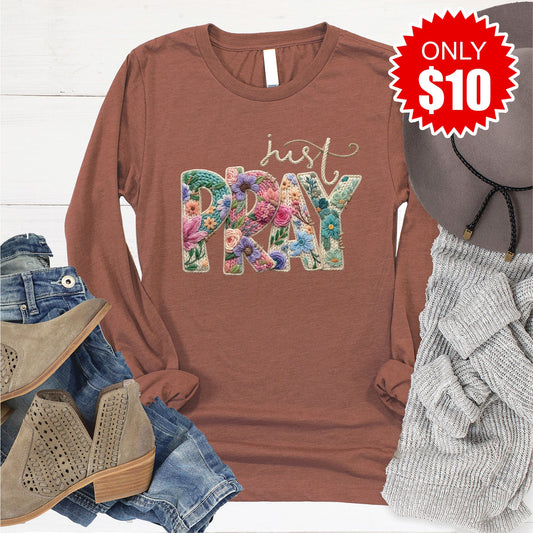 Just Pray Crochet Long Sleeve - Heather Chestnut - 10