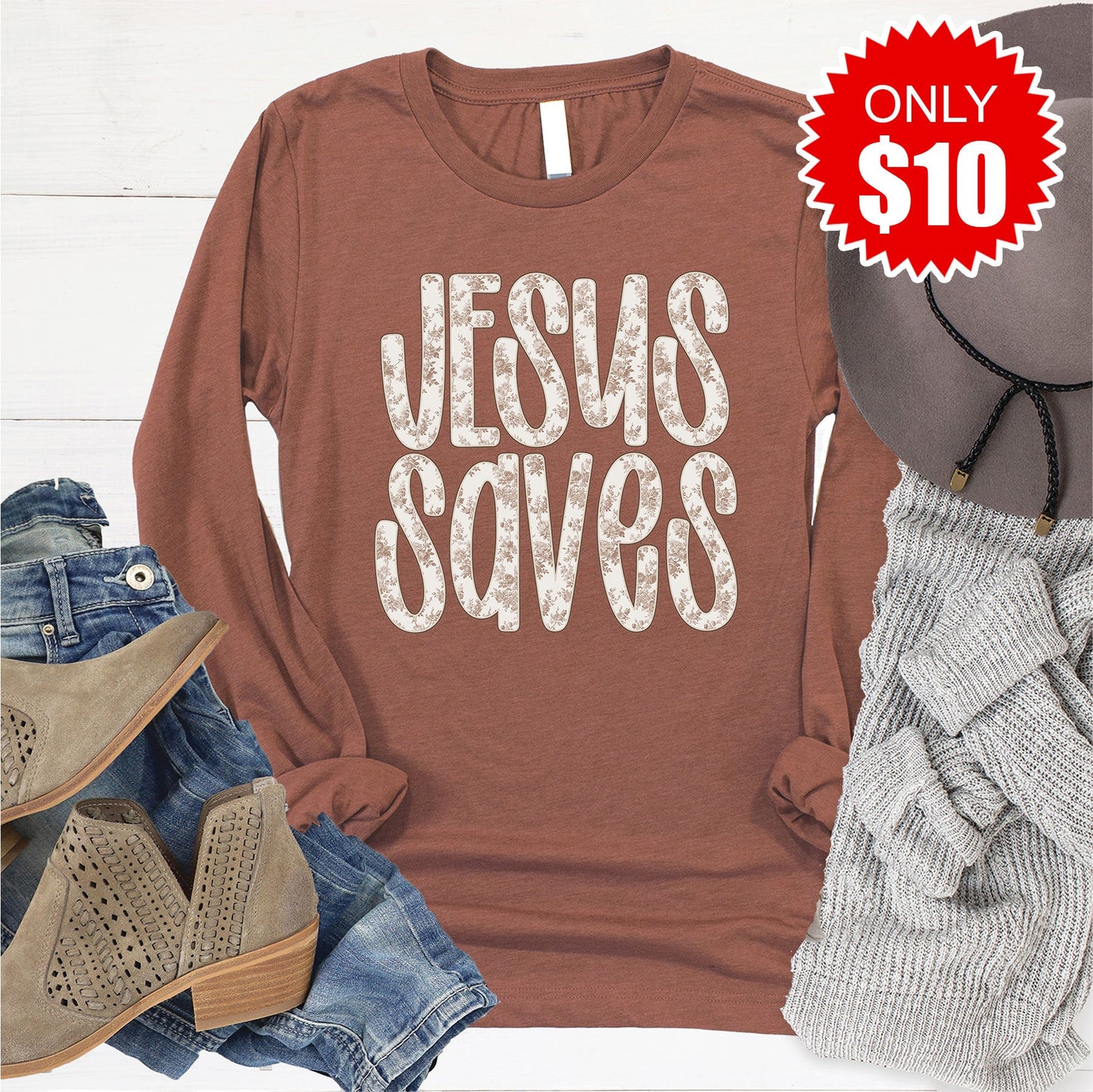 Jesus Saves Long Sleeve - Heather Chestnut - 10