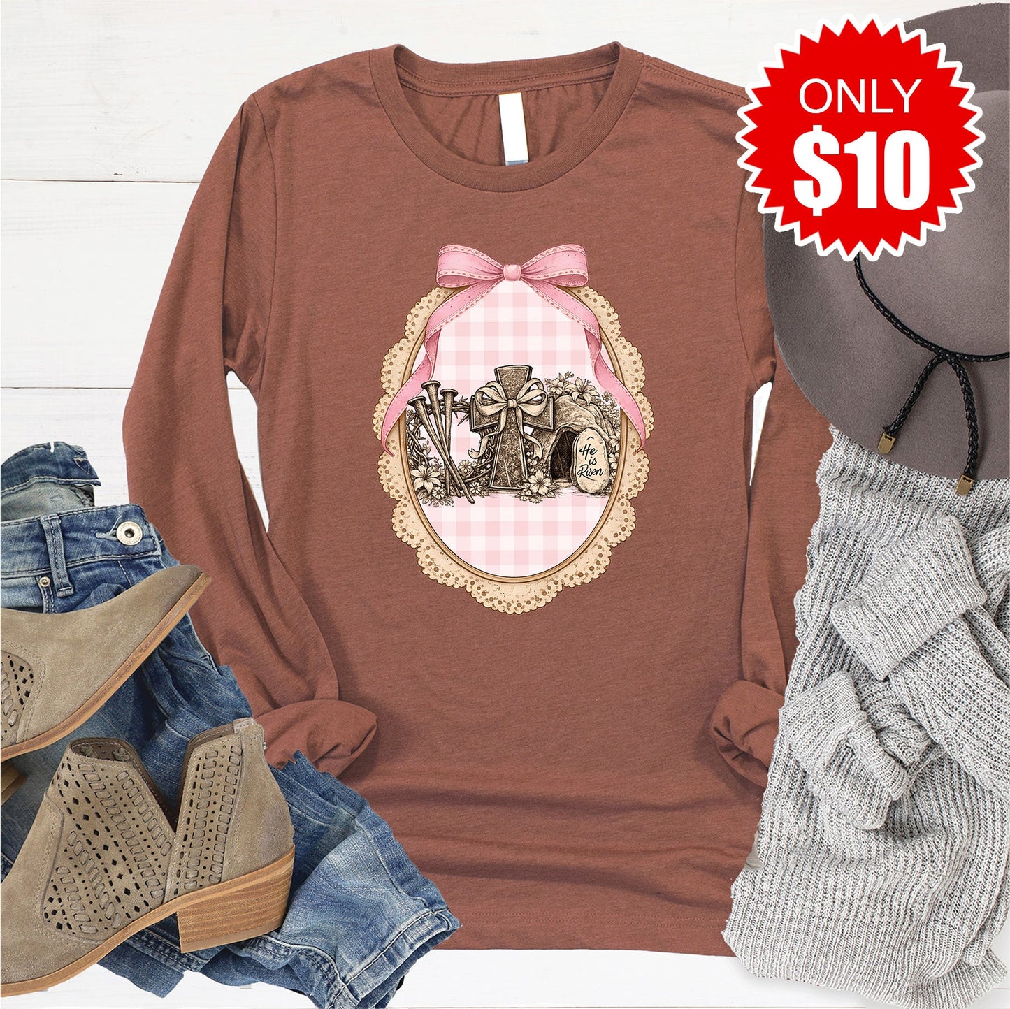 He Is Risen Long Sleeve - Heather Chestnut - 10