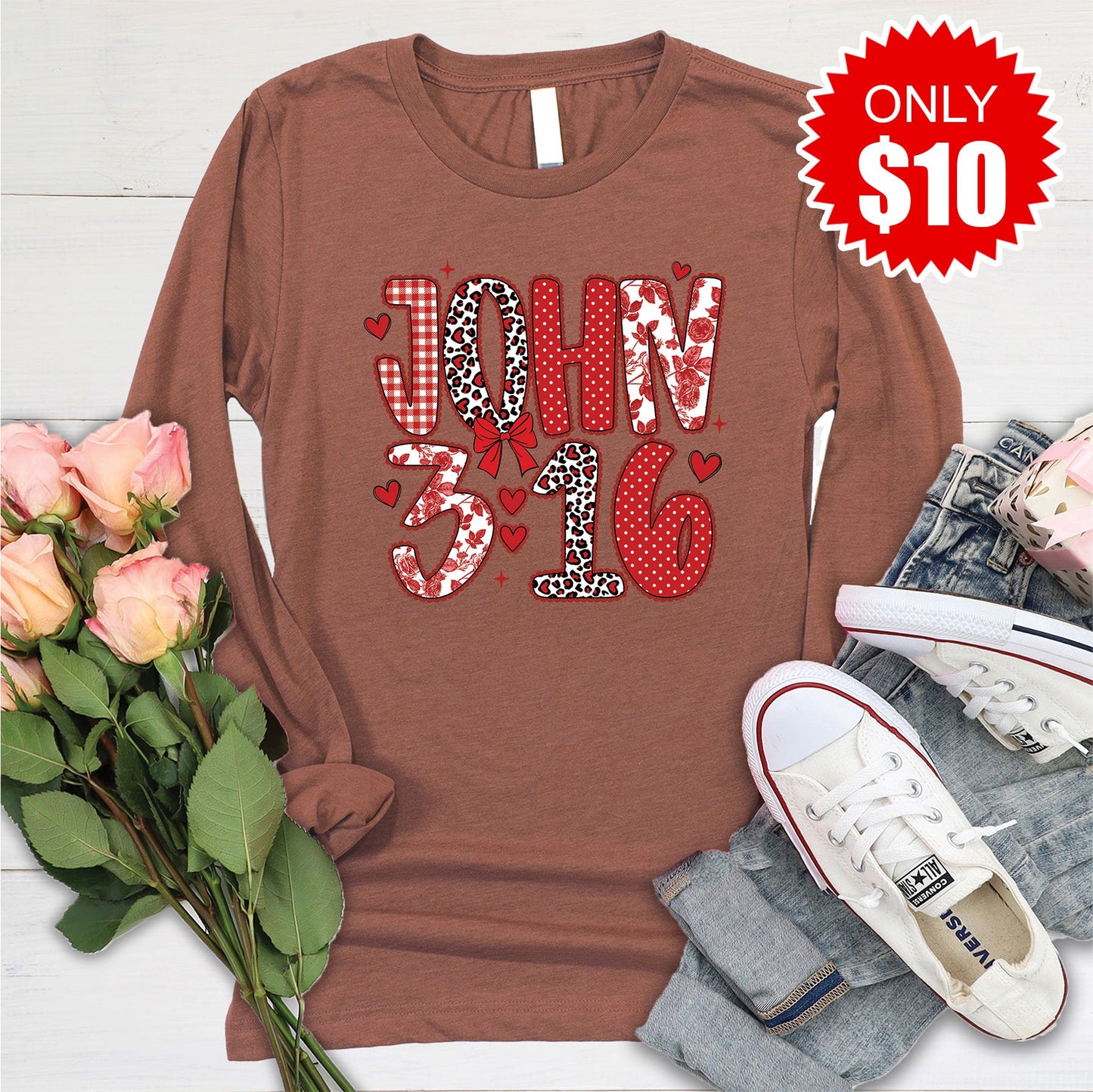 John 3:16 Long Sleeve - Heather Chestnut - 10