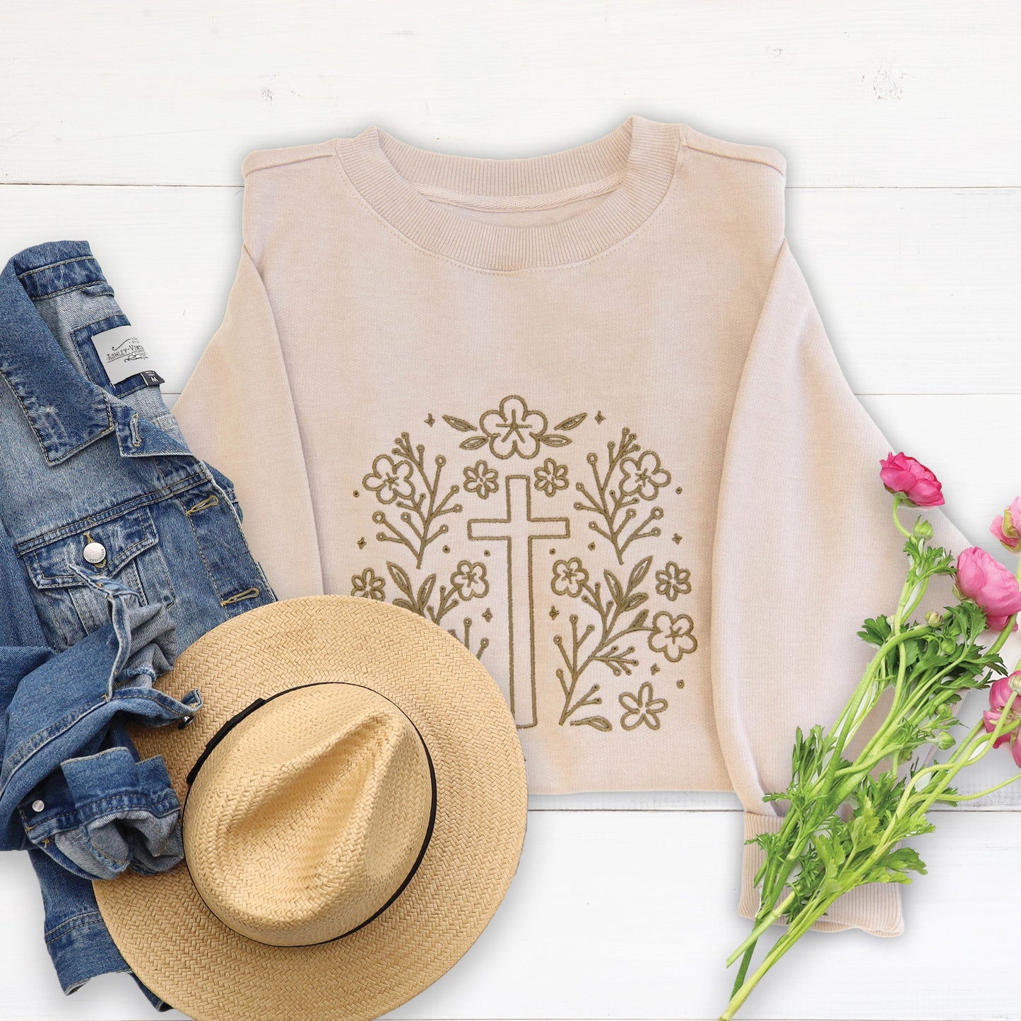 Cross Embroidered Crewneck Sweatshirt