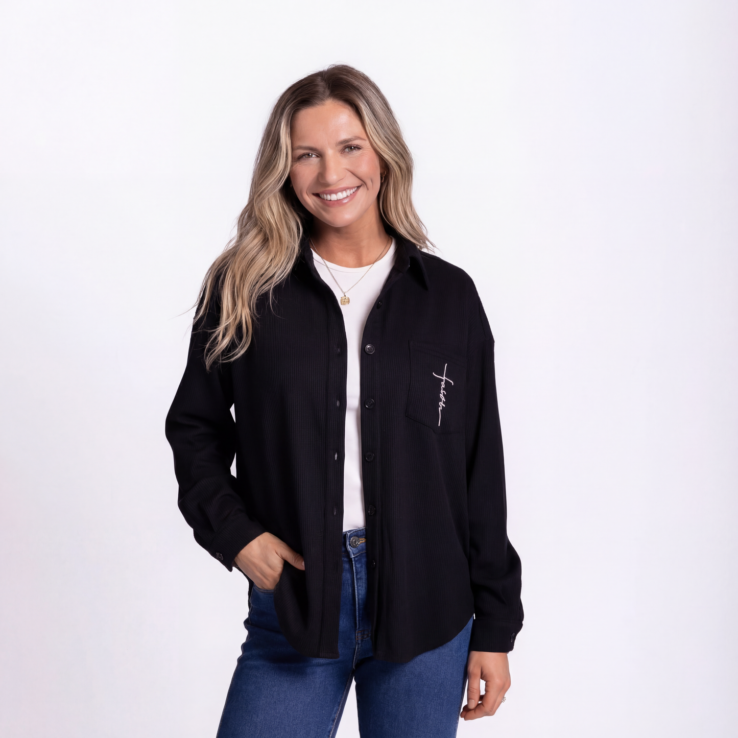 Faith Cross Waffle Knit Shacket