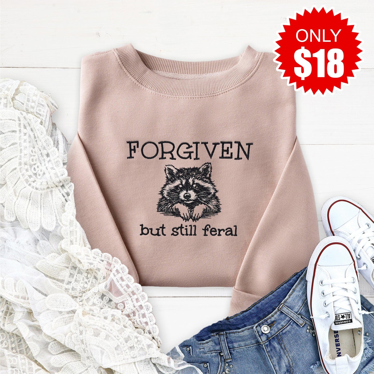 Forgiven Raccoon Embroidered Crewneck Sweatshirt - 18