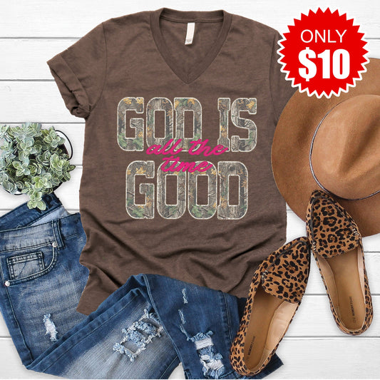 God Is Good V-Neck - Heather Brown - 10