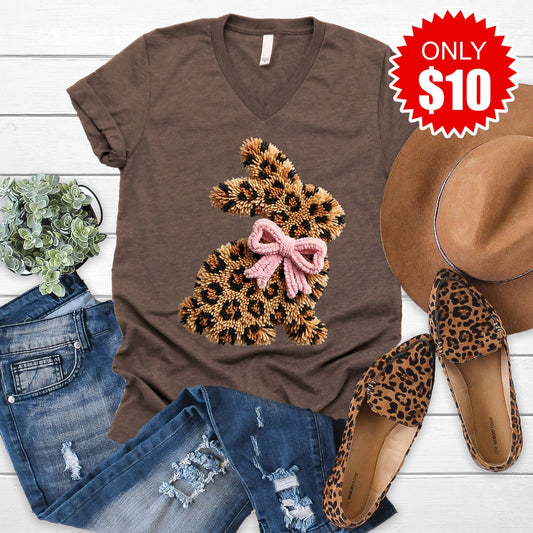 Leopard Bunny V-Neck - Heather Brown - 10