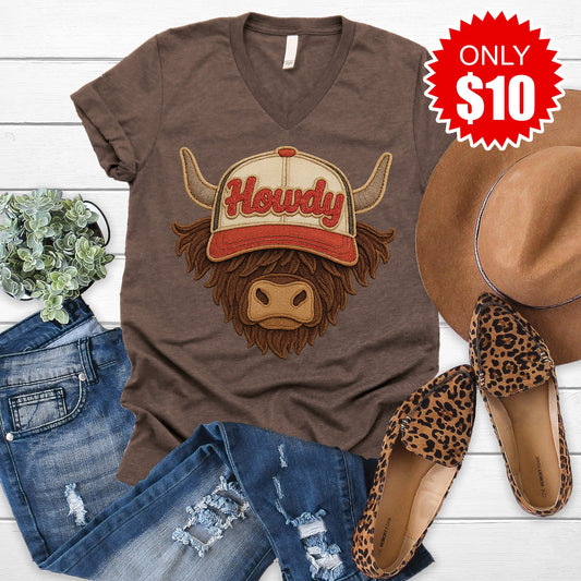 Howdy Cap Cattle V-Neck - Heather Brown - 10