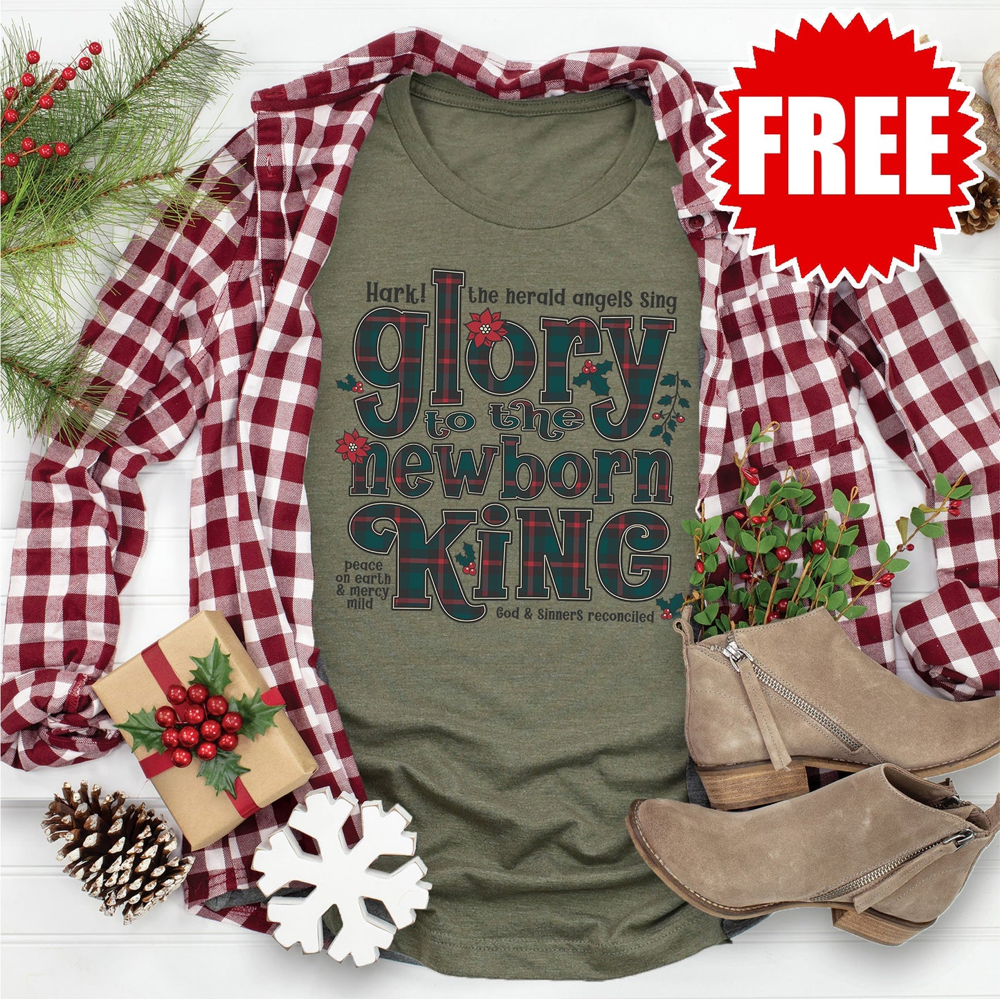 Hark the Herald Angels Sing Tee - Heather Olive - 0