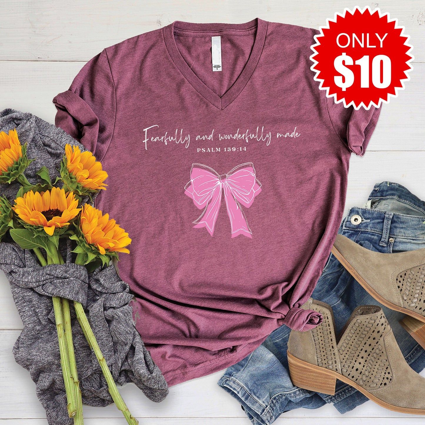 Fearfully and Wonderfully Made V-Neck - Heather Burgundy - 10