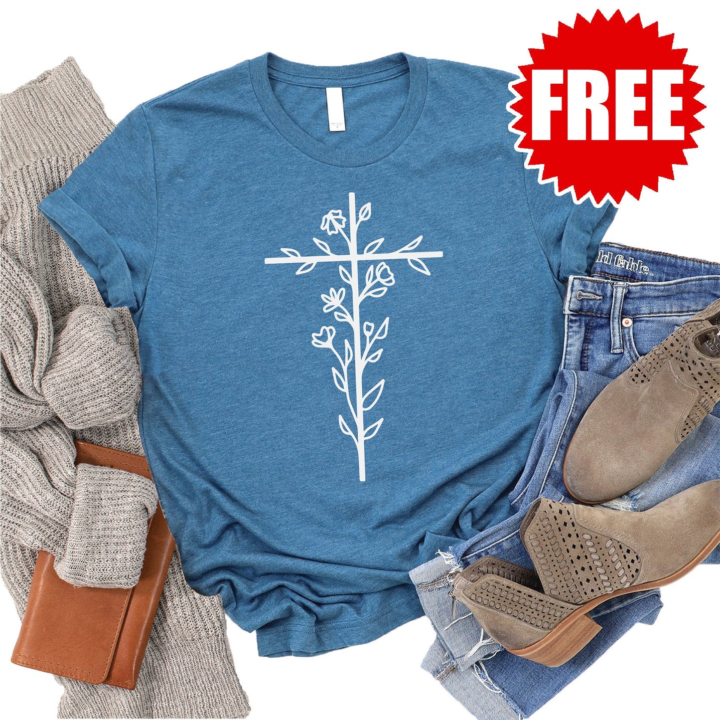 Floral Cross Tee - Heather Deep Teal - 0