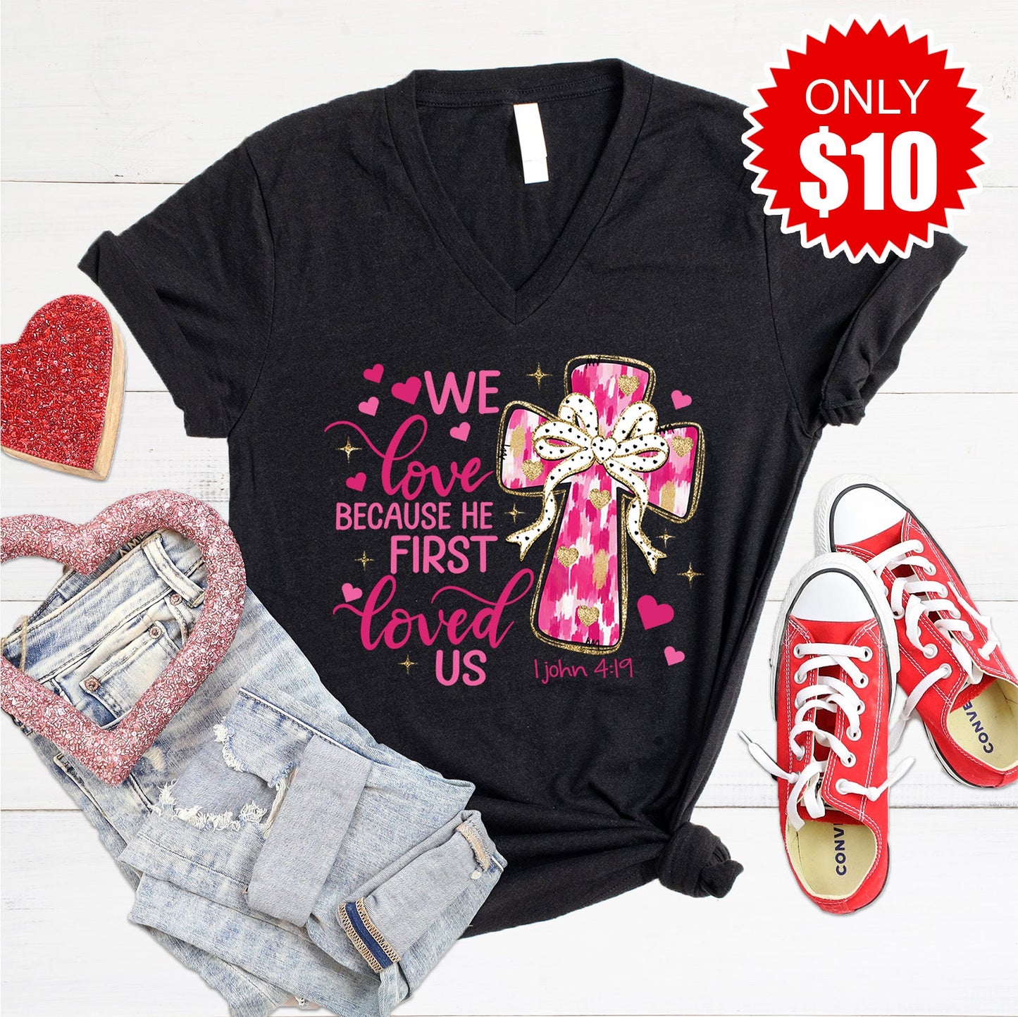 He First Loved Us V-Neck - Heather Black - 10