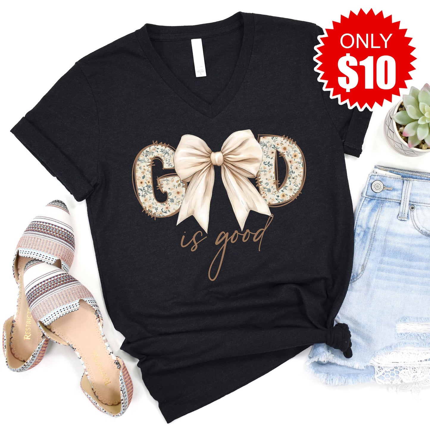 God Is Good V-Neck - Heather Black - 10