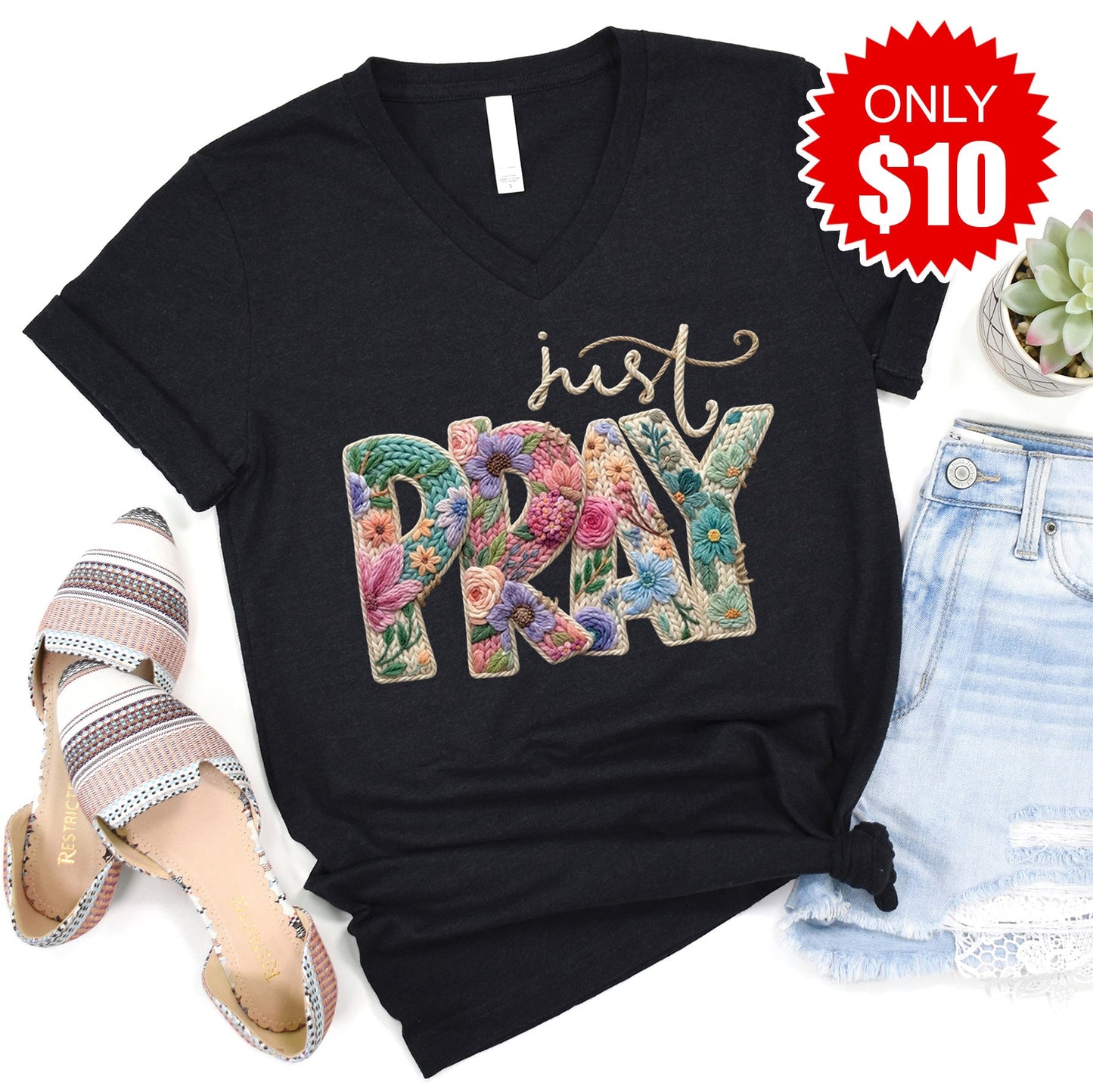Just Pray Crochet V-Neck - Heather Black - 10