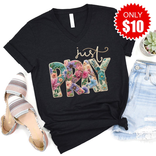 Just Pray Crochet V-Neck - Heather Black - 10
