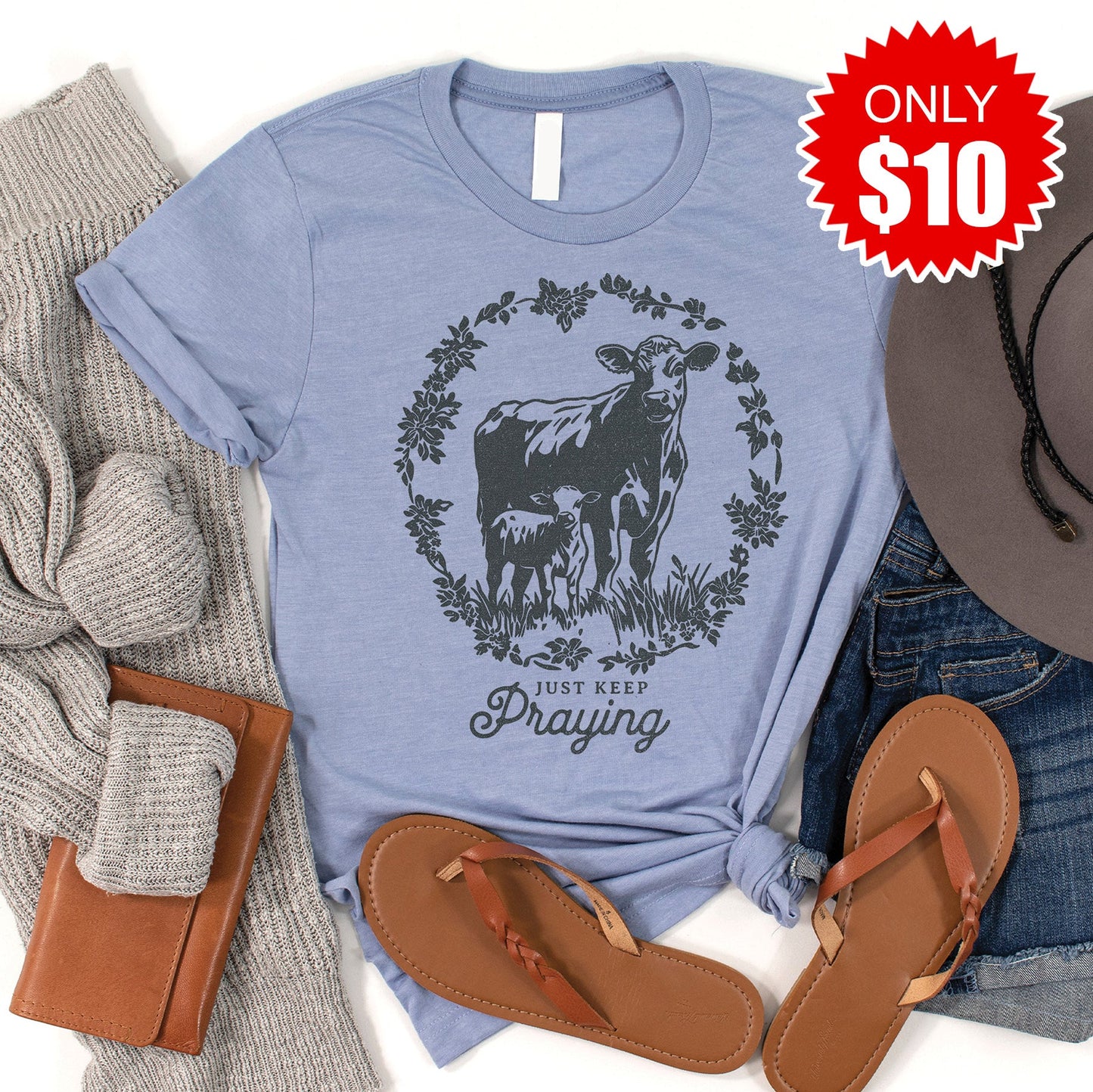 Just Keep Praying Tee - Heather Blue - 10