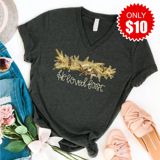 He Loved First V-Neck - Heather Charcoal - 10