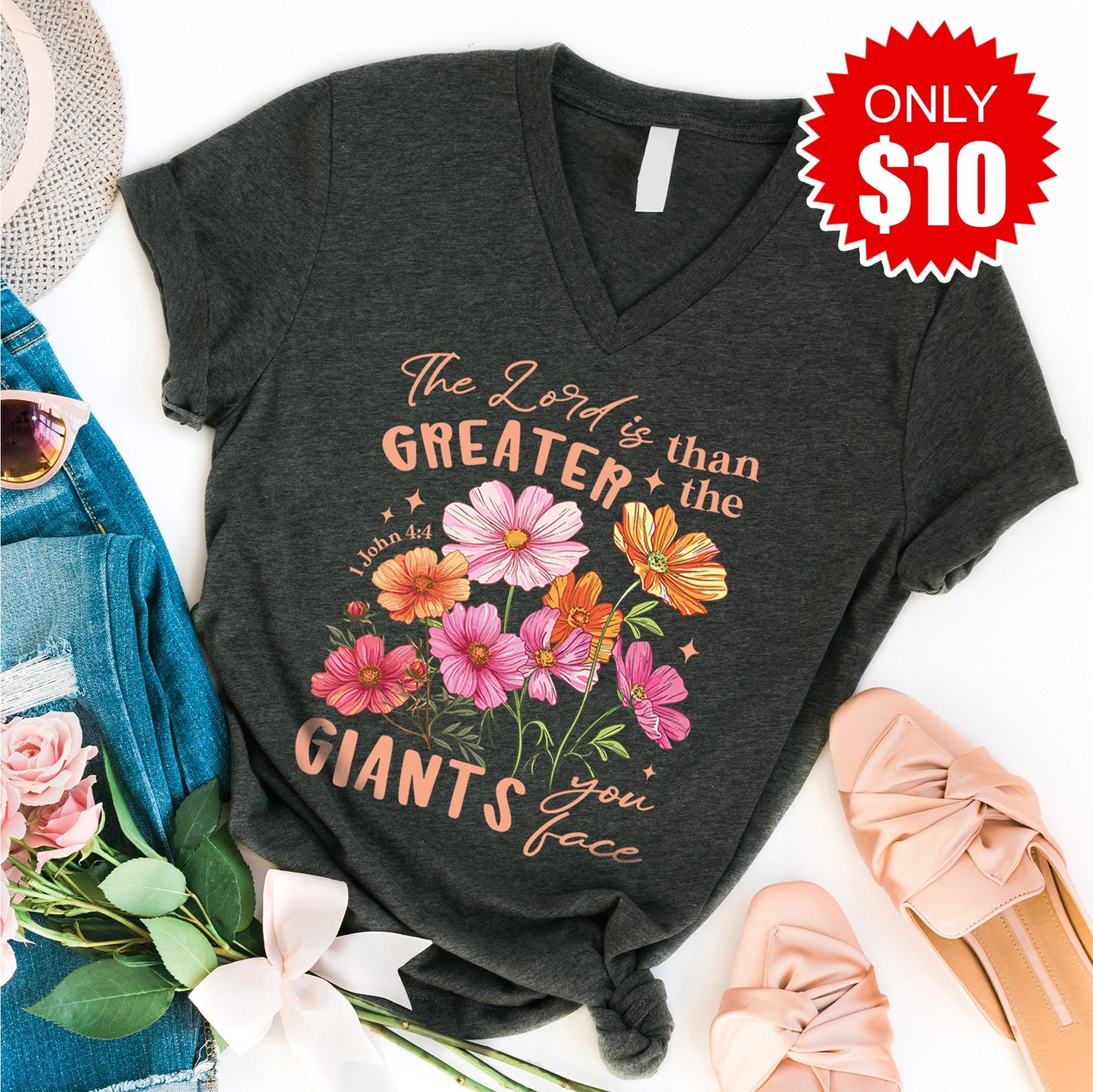 Greater Than The Giants V-Neck - Heather Charcoal - 10