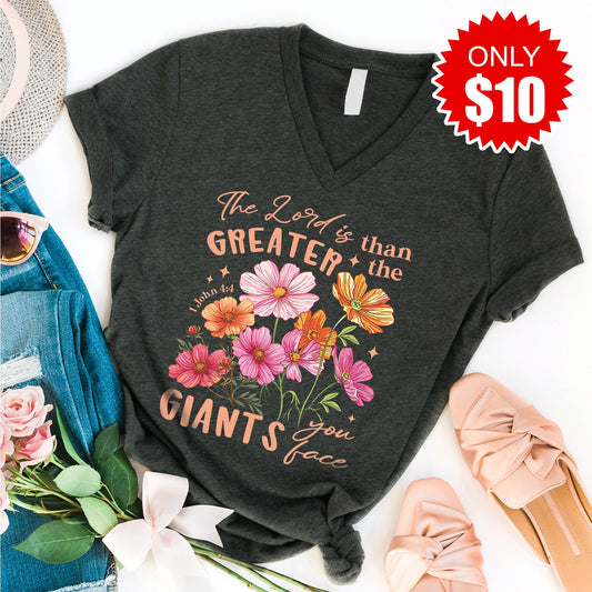 Greater Than The Giants V-Neck - Heather Charcoal - 10