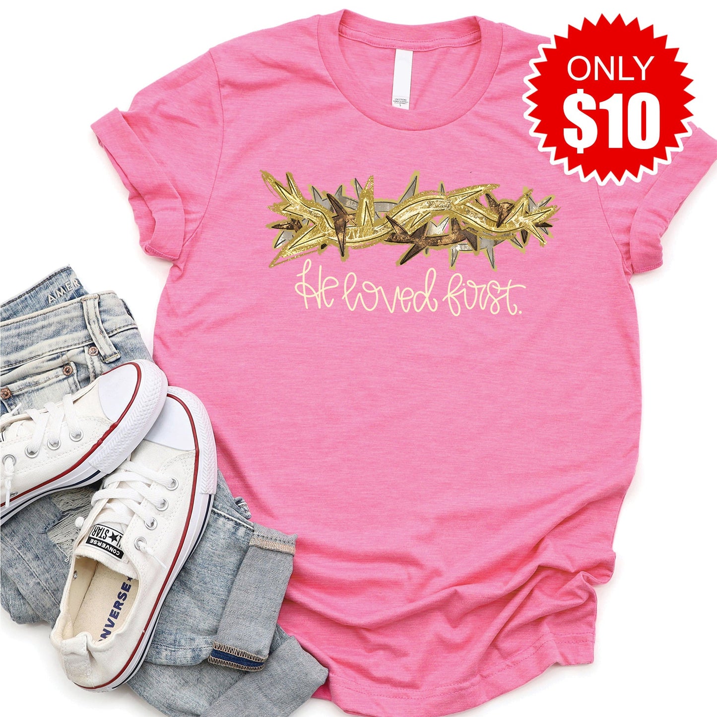 He Loved First Tee - Heather Charity Pink - 10