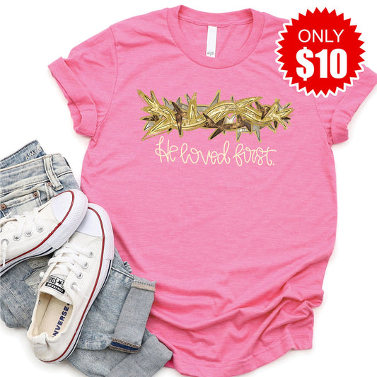 He Loved First Tee - Heather Charity Pink - 10