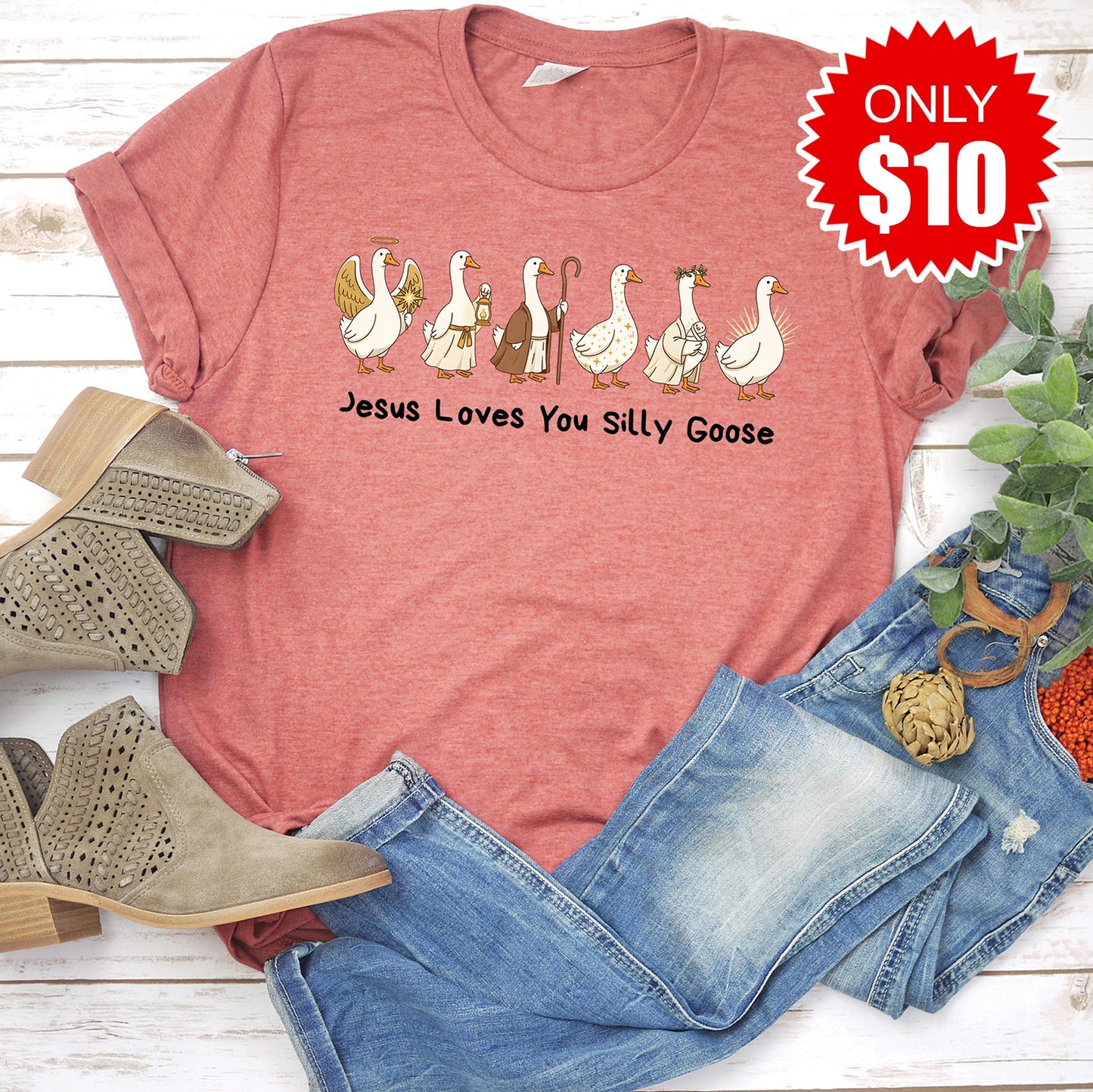 Jesus Loves You Silly Goose Tee - Heather Clay - 10