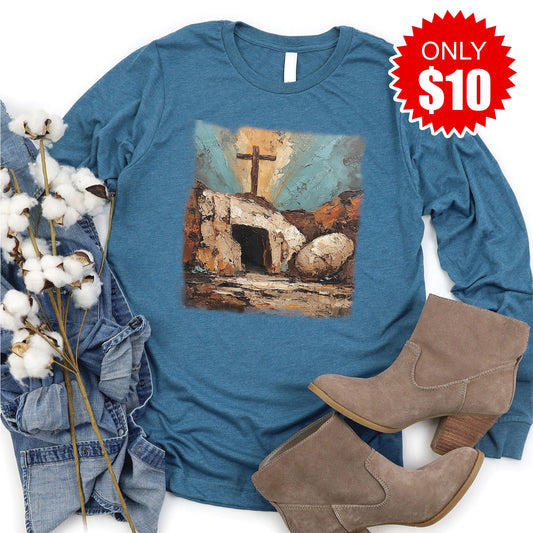 He Is Risen Long Sleeve - Heather Deep Teal - 10