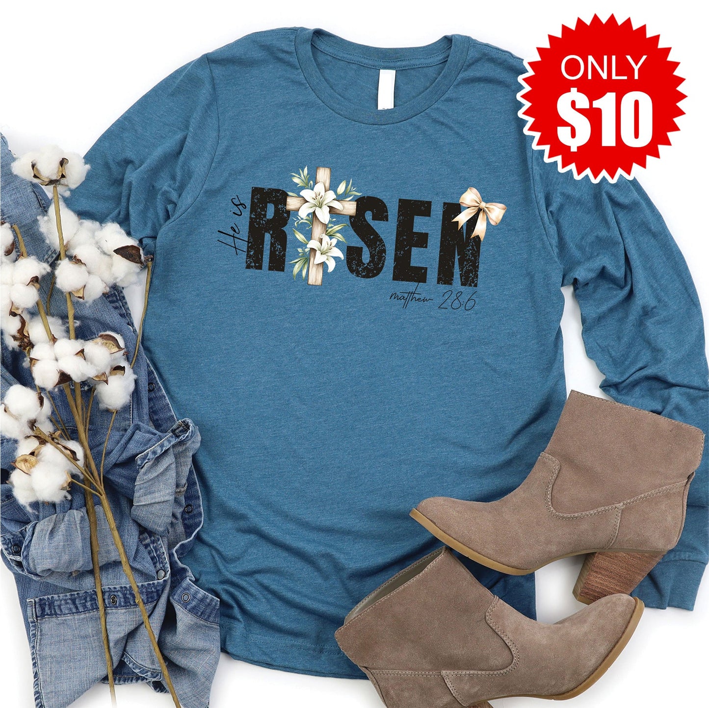 He Is Risen Long Sleeve - Heather Deep Teal - 10