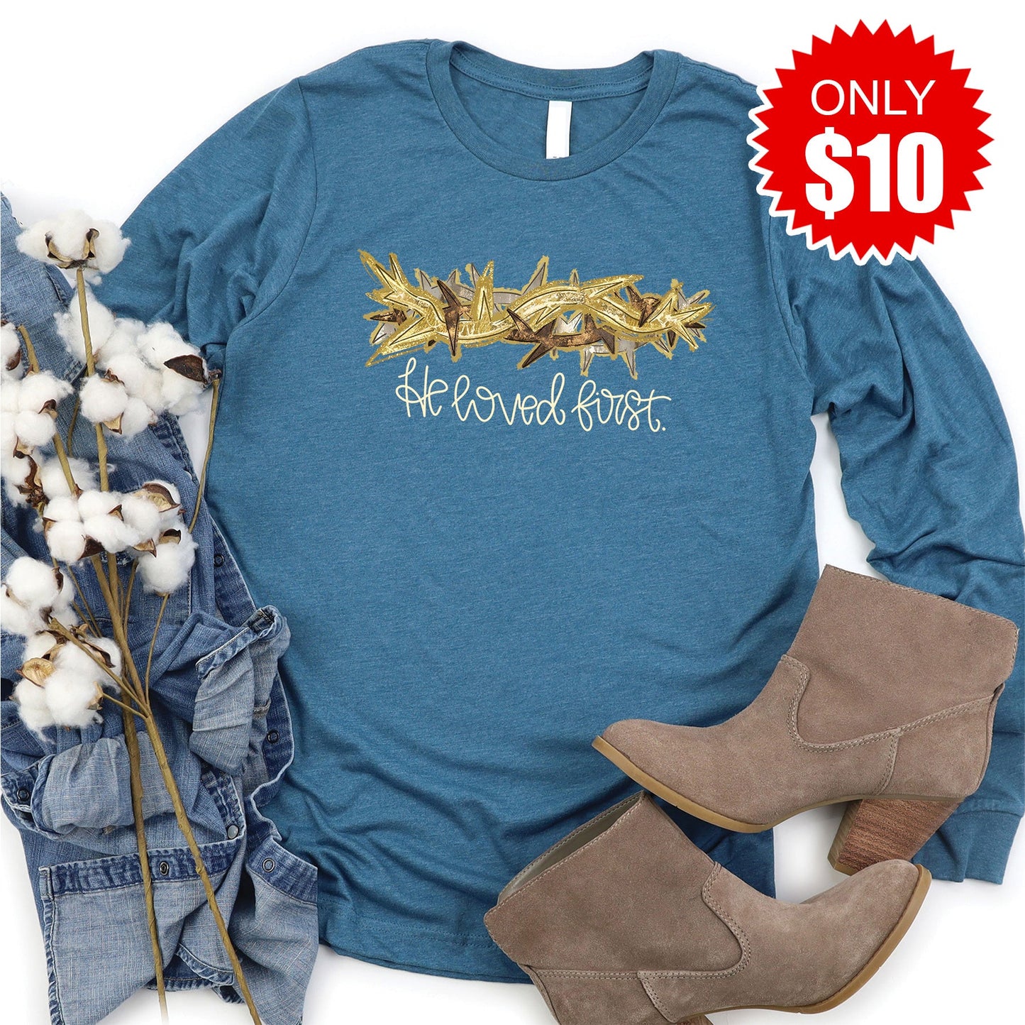 He Loved First Long Sleeve - Heather Deep Teal - 10