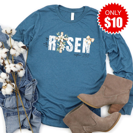 He Is Risen Long Sleeve - Heather Deep Teal - 10