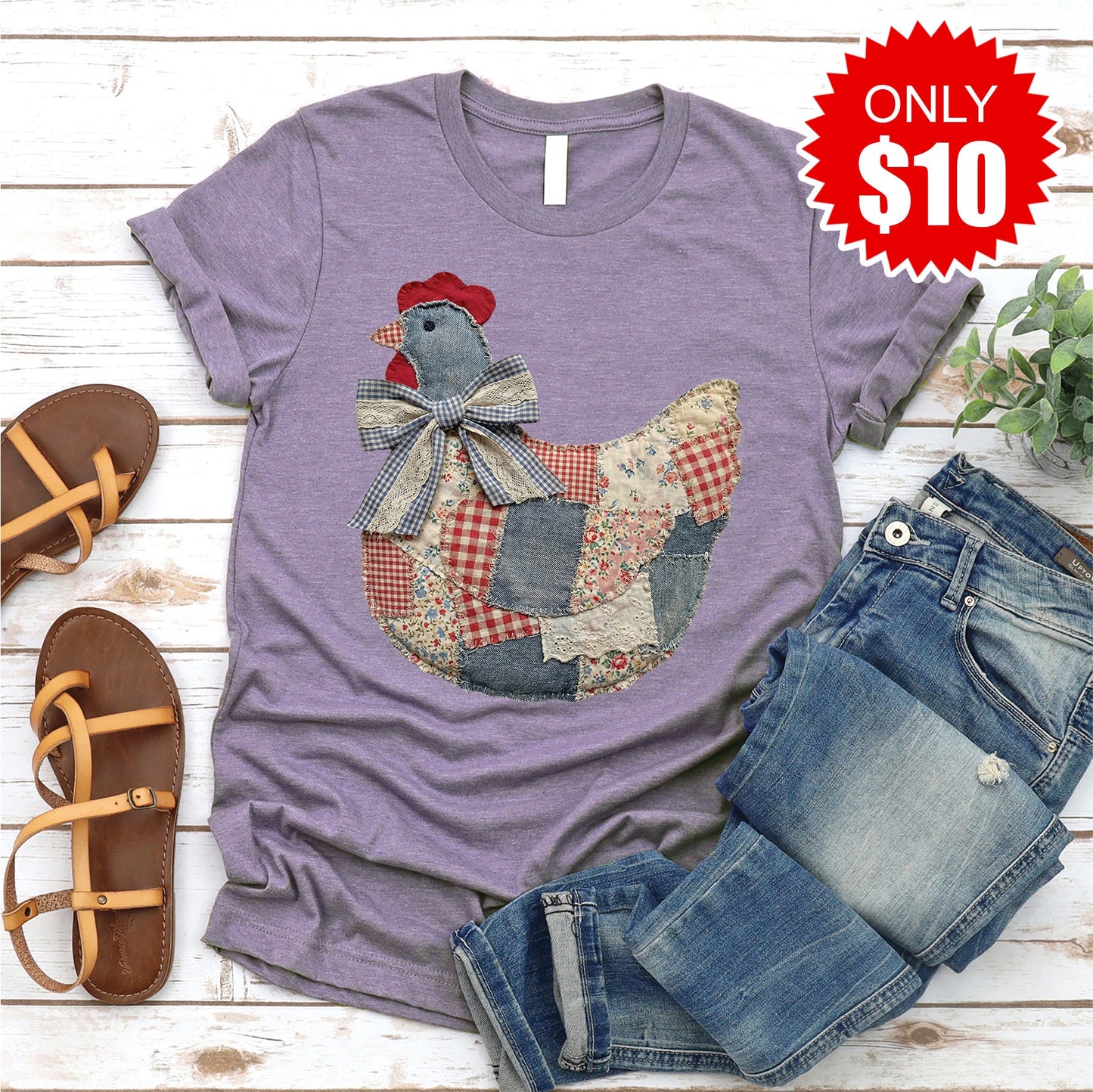 Hen Patchwork Tee - Heather Deep Purple - 10