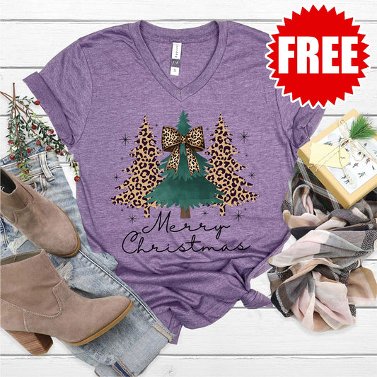 Christmas Tree Leopard V-Neck - Heather Deep Purple - 0