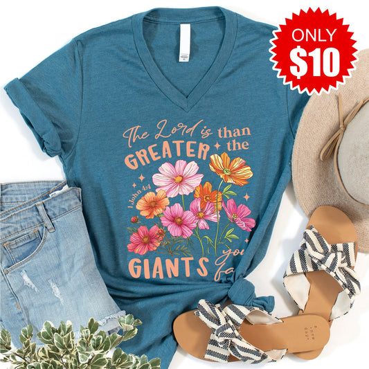 Greater Than The Giants V-Neck - Heather Deep Teal - 10