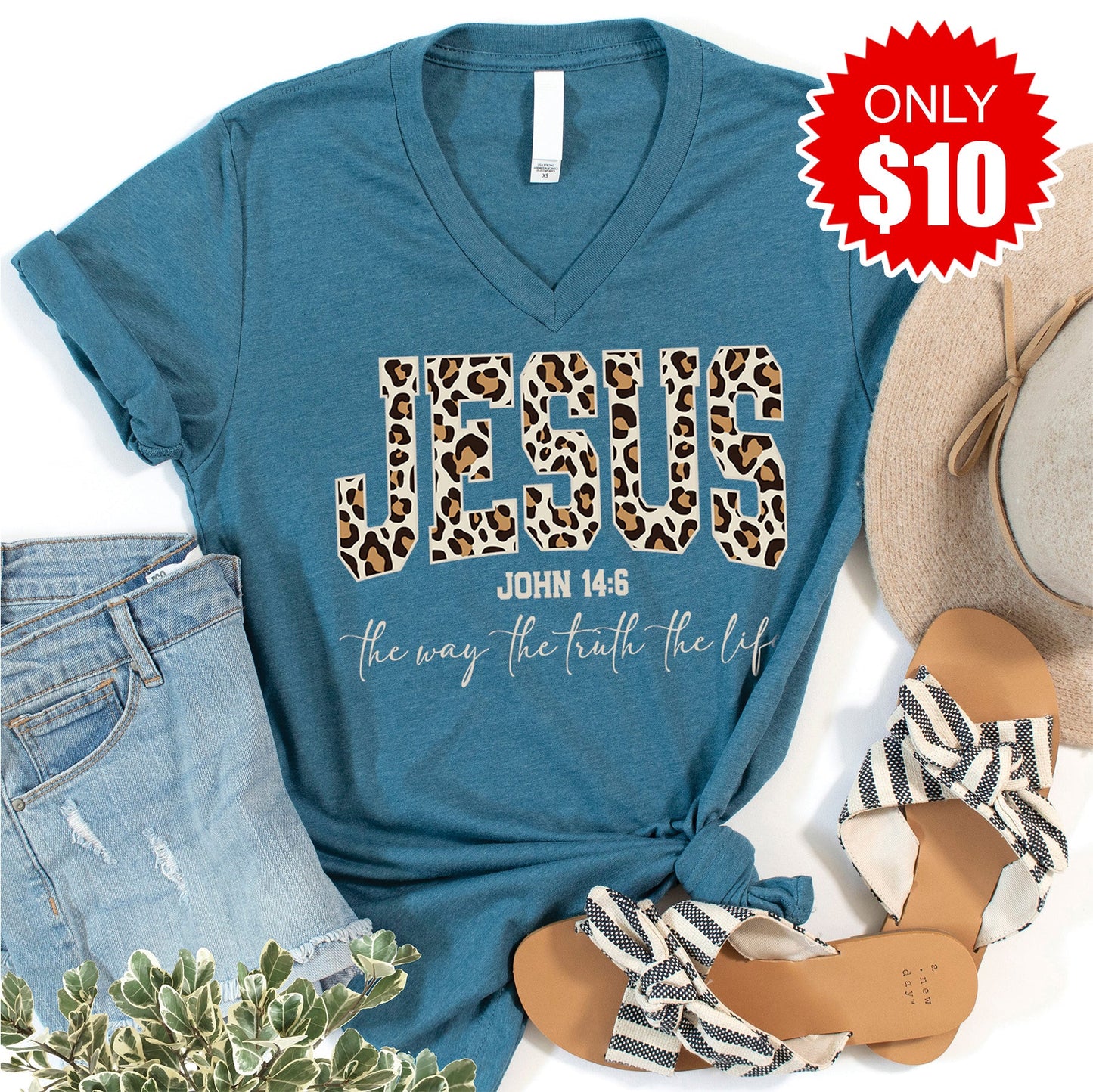 Jesus V-Neck - Heather Deep Teal - 10