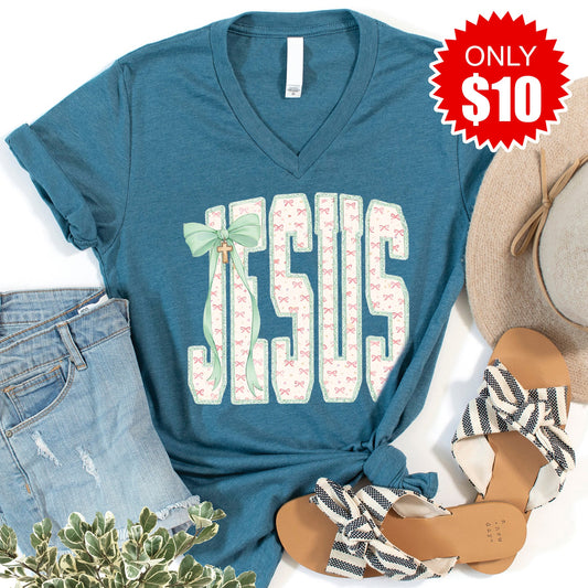 Jesus V-Neck - Heather Deep Teal - 10