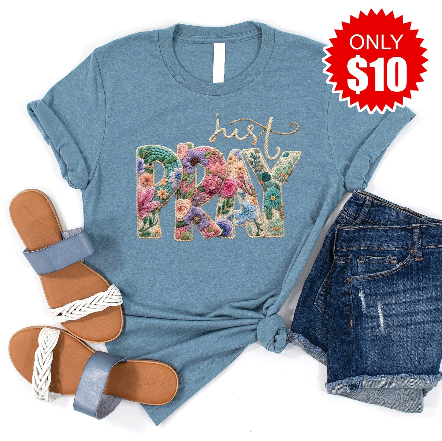 Just Pray Crochet Tee - Heather Denim - 10