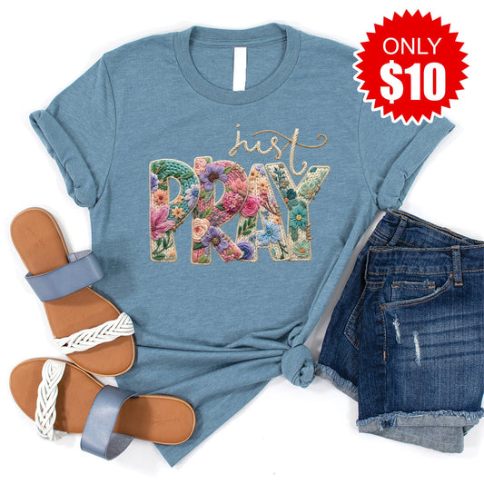 Just Pray Crochet Tee - Heather Denim - 10